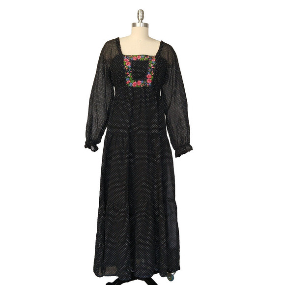 VTG 70s Prairie Maxi Dress Size S Black Polka Dot Embroidered Gunne Sax Style - Picture 2 of 10